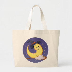 The moon wears witch hat large tote bag
