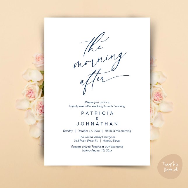 The Morning After, Happily Ever After Brunch Invitation (The Morning After, Happily Ever After Brunch Invites Card PDF Romantic Aesthetic Navy Blue)