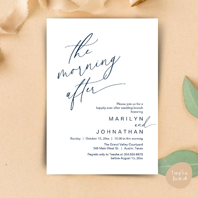 The Morning After, Happily Ever After Brunch Invitation (The Morning After, Happily Ever After Brunch Invites Card PDF Romantic Aesthetic Navy Blue)