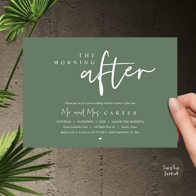 The morning after, post wedding brunch celebration invitation (The Morning After, Post Wedding Brunch Invitation Card PDF Beautiful Summer Greenery Sage Green)