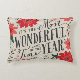 The Most Wonderful Time of Year Holiday Floral Accent Pillow