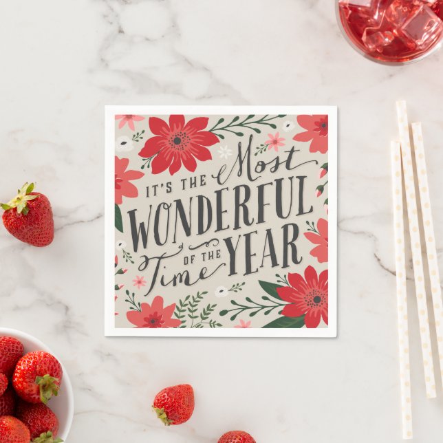 The Most Wonderful Time of Year Holiday Floral Napkin (Insitu)