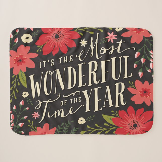 The Most Wonderful Time of Year Holiday Floral Sherpa Blanket (Front (Horizontal))