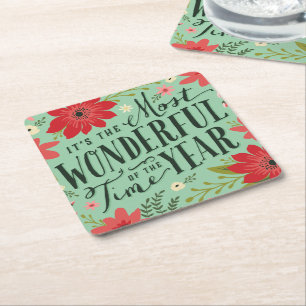 The Most Wonderful Time of Year Holiday Floral Square Paper Coaster