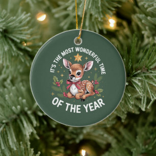 The Most Wonderful Time Vintage Deer Christmas  Ceramic Ornament