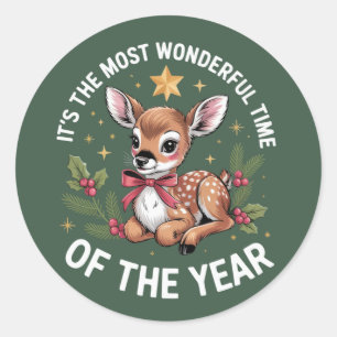 The Most Wonderful Time Vintage Deer Christmas Classic Round Sticker