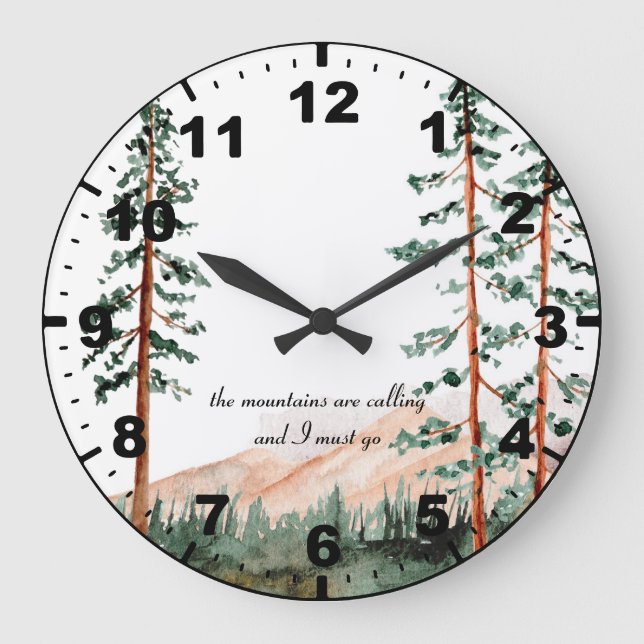 The Mountains Are Calling - Mountains, Fog, Pine Large Clock (Front)