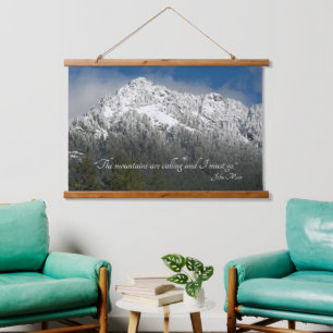 The Mountains are Calling Quote Snowy Mountain Hanging Tapestry