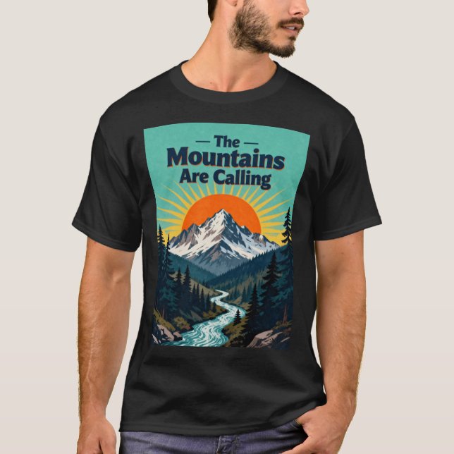 The Mountains Are Calling Retro Hiking Adventure b T-Shirt (Front)