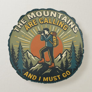 The Mountains Are Calling Vintage Hiking Badg Round Pillow
