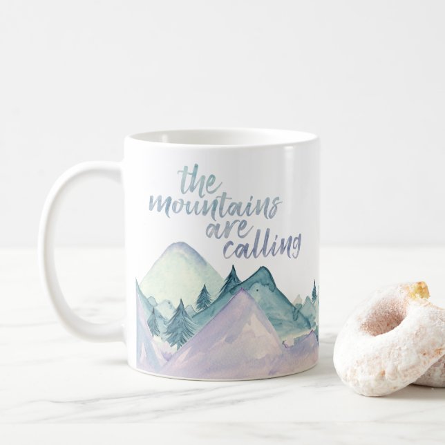 The Mountains Are Calling Watercolor Coffee Mug (With Donut)