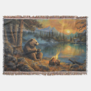 The Mountain's Hearthkeeper Grizzly Bear Campfire Throw Blanket