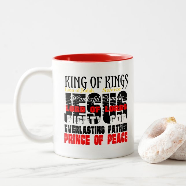 The Names Of Jesus Isaiah 9:6 Christian Two-Tone Coffee Mug (With Donut)