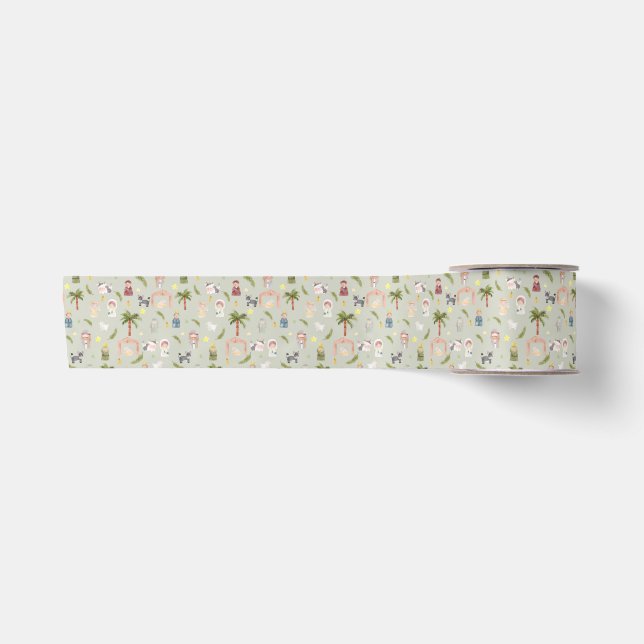 The Nativity Christmas holiday Sage Satin Ribbon (Front)