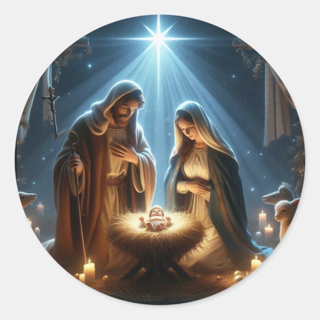 The Nativity - Mary Joseph and Baby Jesus Classic Round Sticker (Front)
