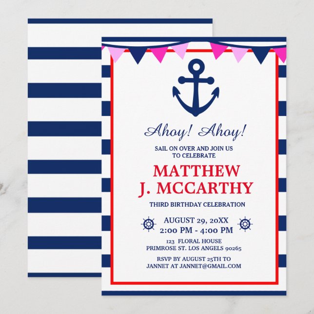 The Nautical Anchor Navy Stripe Baby Ship Birthday Invitation (Front/Back)