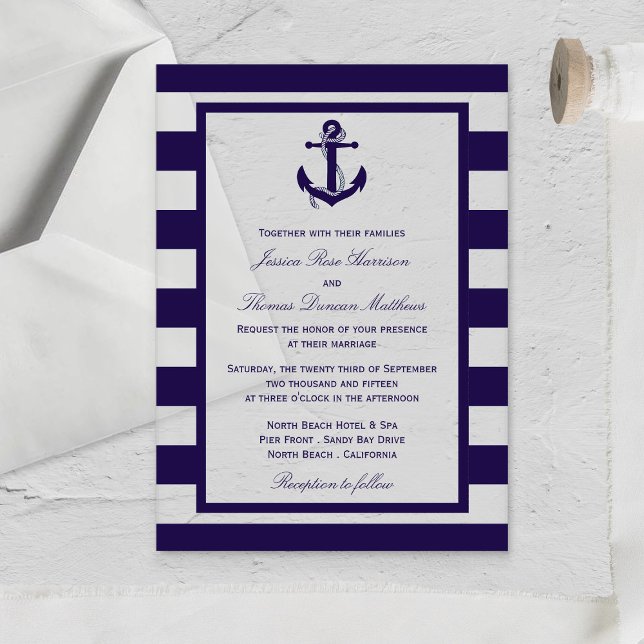 The Nautical Anchor Navy Stripe Wedding Collection Acrylic Invitations (Creator Uploaded)