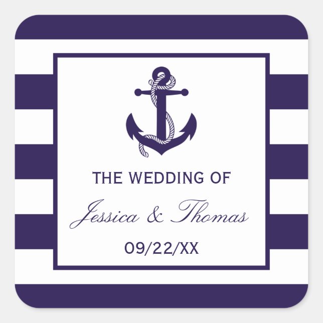 The Nautical Anchor Navy Stripe Wedding Collection Square Sticker (Front)