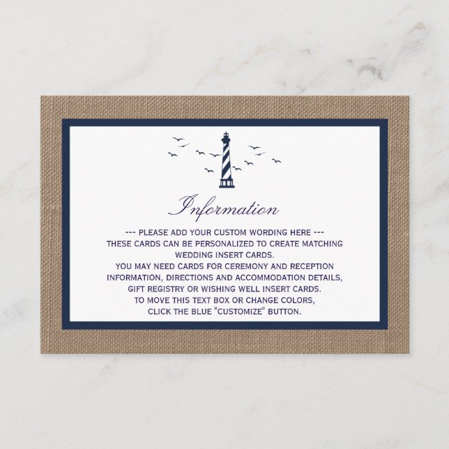 The Nautical Lighthouse Burlap Wedding Collection Enclosure Card (Front)