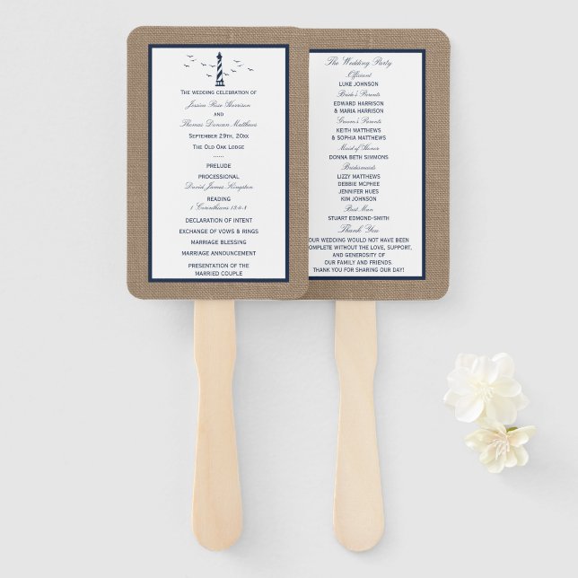 The Nautical Lighthouse Burlap Wedding Collection Hand Fan (Front and Back)