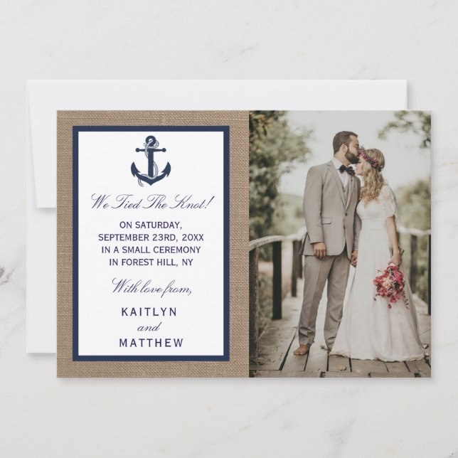 The Navy Anchor On Burlap Beach Wedding Collection Announcement (Front)