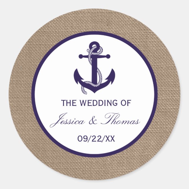The Navy Anchor On Burlap Beach Wedding Collection Classic Round Sticker (Front)