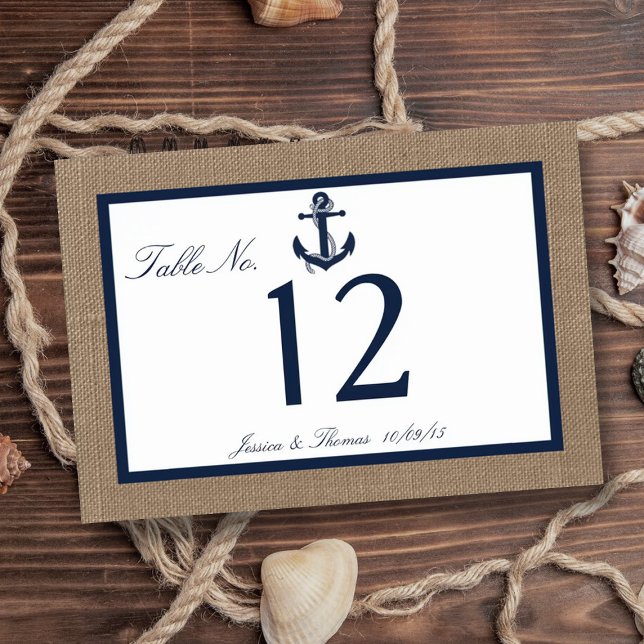 The Navy Anchor On Burlap Beach Wedding Collection Table Number (Creator Uploaded)