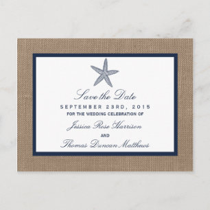 The Navy Starfish Burlap Beach Wedding Collection Announcement Postcard