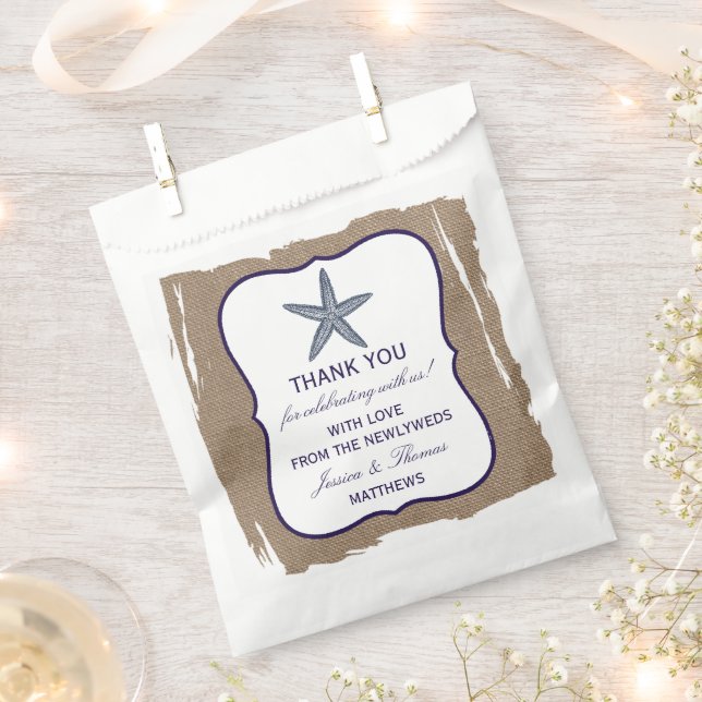 The Navy Starfish Burlap Beach Wedding Collection Favour Bag (Clipped)