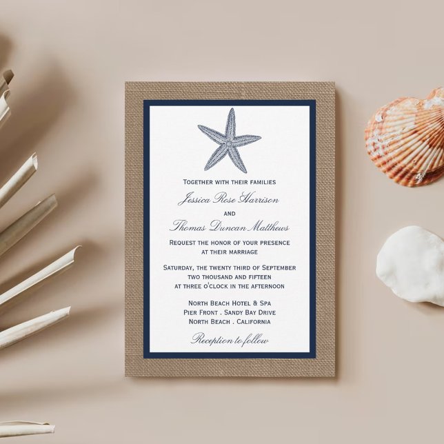 The Navy Starfish Burlap Beach Wedding Collection Invitation (Creator Uploaded)