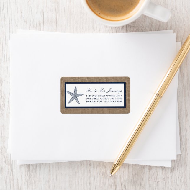 The Navy Starfish Burlap Beach Wedding Collection Label (Insitu)