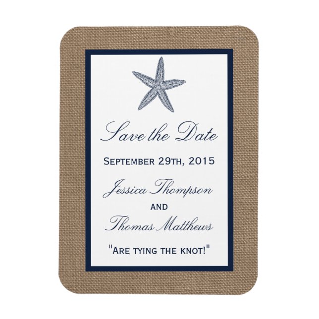 The Navy Starfish Burlap Beach Wedding Collection Magnet (Vertical)
