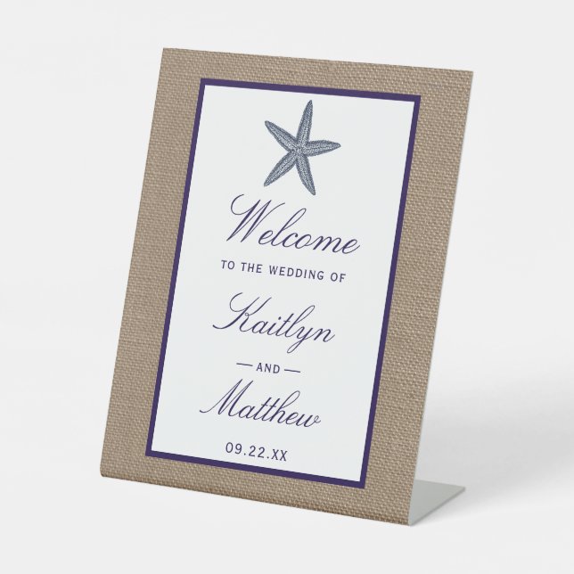 The Navy Starfish Burlap Beach Wedding Collection Pedestal Sign (Front)