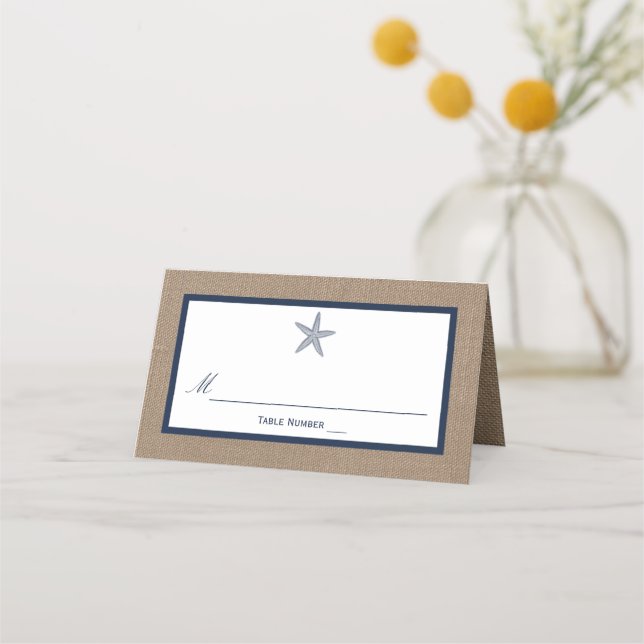The Navy Starfish Burlap Beach Wedding Collection Place Card (Front)