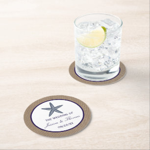 The Navy Starfish Burlap Beach Wedding Collection Round Paper Coaster