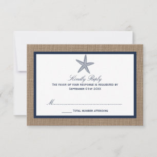 The Navy Starfish Burlap Beach Wedding Collection RSVP Card