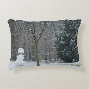 The Neighbour's Snowman Winter Snow Scene Accent Pillow