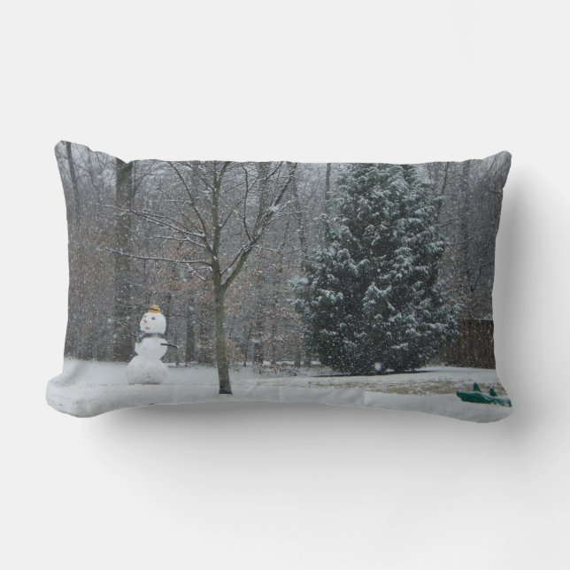 The Neighbour's Snowman Winter Snow Scene Lumbar Pillow (Front)