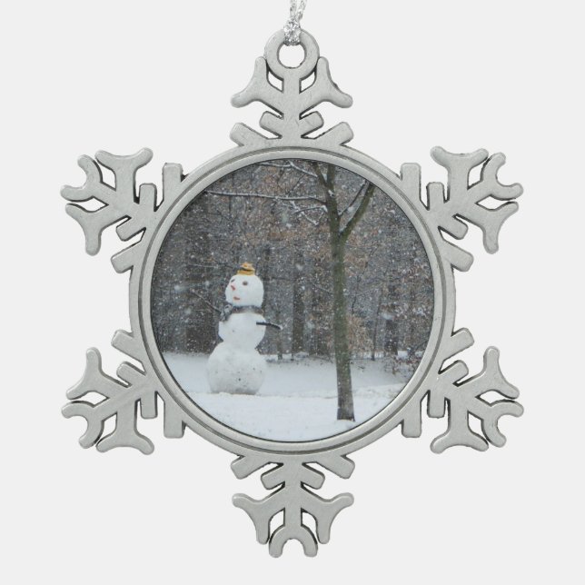 The Neighbour's Snowman Winter Snow Scene Snowflake Pewter Christmas Ornament (Front)