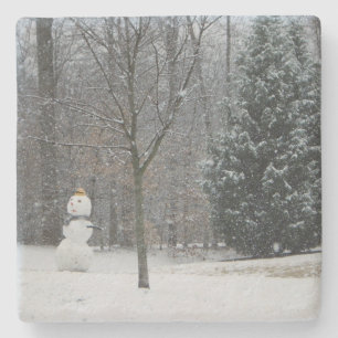 The Neighbour's Snowman Winter Snow Scene Stone Coaster