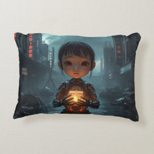 The Neon Refugee Girl: Sci Fi Cyberpunk Pillow