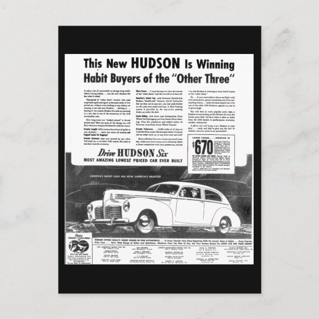 The New 1940 Hudson Automobile Post Cards (Front)