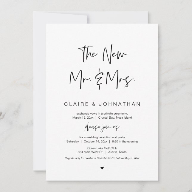 The new Mr and Mrs, Black, Wedding Elopement Invitation (Front)