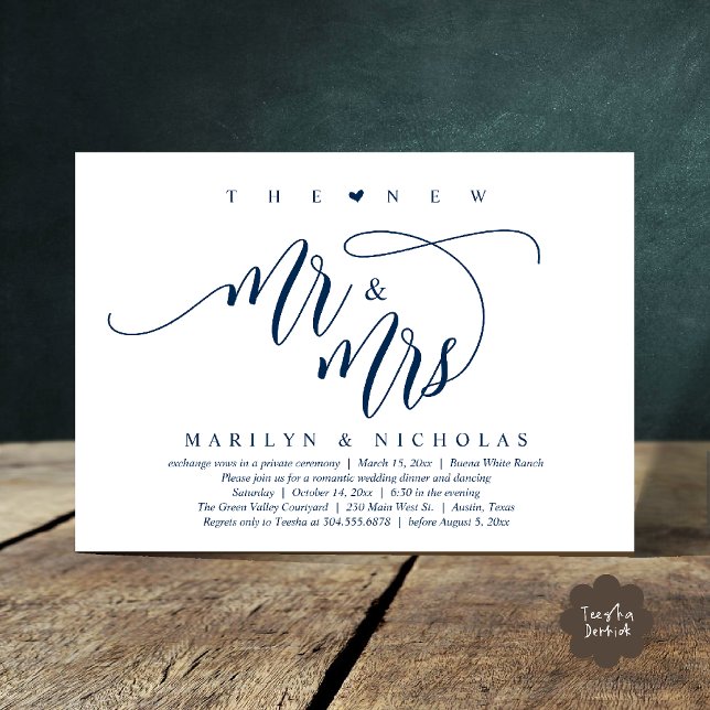 The New Mr and Mrs, Modern Wedding Dinner Party Invitation (The New Mr and Mrs, Modern Romantic Wedding Dinner Party Invites Minimalist Card PDF in Navy blue)