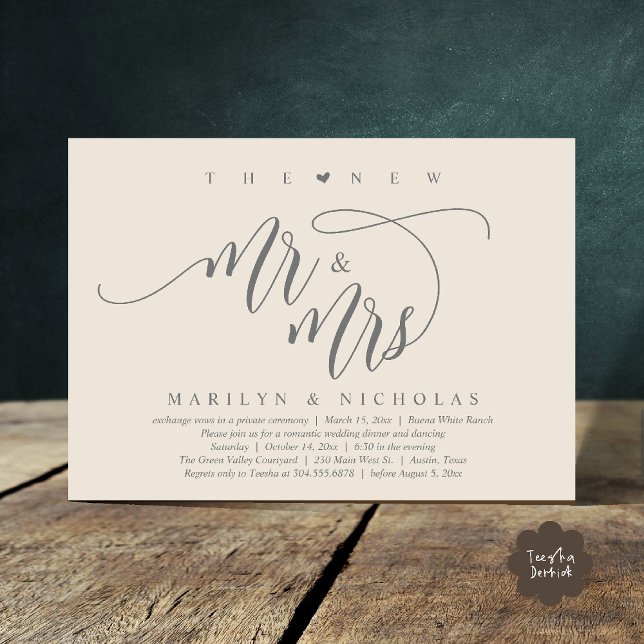 The New Mr and Mrs, Modern Wedding Dinner Party Invitation (The New Mr and Mrs, Modern Romantic Wedding Dinner Party Invites Card PDF in Aesthetic Cream Grey)