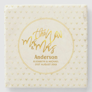 The New Mr and Mrs (name.date,) Gold Love Hearts Stone Coaster