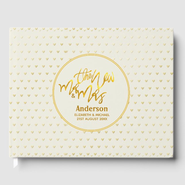 The New Mr and Mrs (name,date) Wedding Gold Hearts Guest Book (Front)