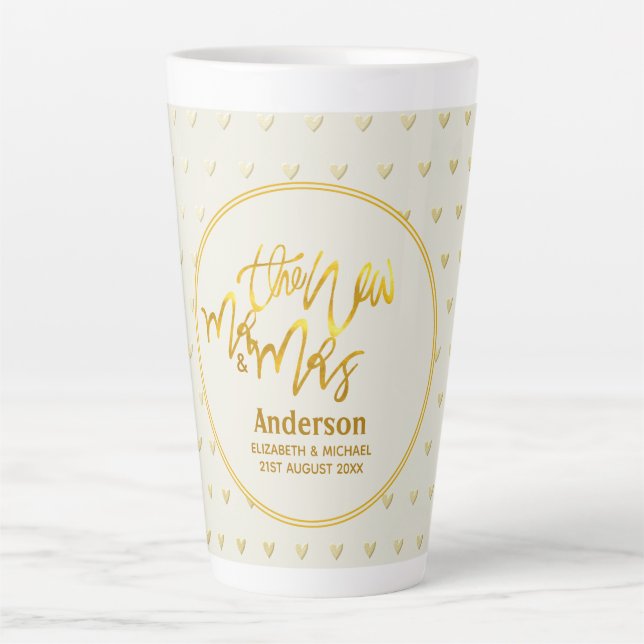 The New Mr and Mrs (name,date) Wedding Gold Hearts Latte Mug (Front)