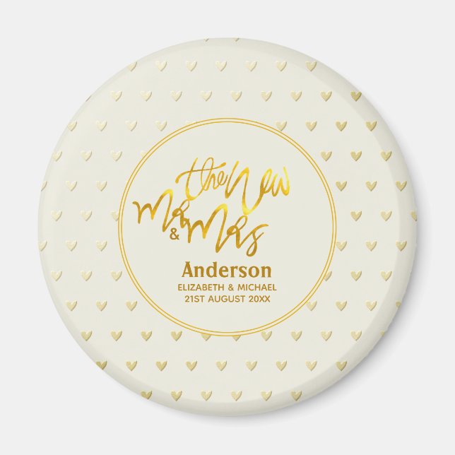 The New Mr and Mrs (name,date) Wedding Gold Hearts Magnet (Front)