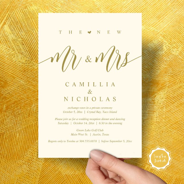 The New Mr and Mrs, Wedding Elopement Dinner Party Invitation (The New Mr and Mrs, Wedding Elopement Dinner Party Lunch Brunch Invitation Card, PDF, Yellow Gold)